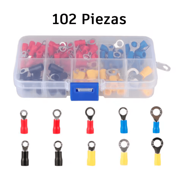 Kit 102 Piezas Terminales de Anillo ojillo crimpado para cable 22–10AWG - Tecneu