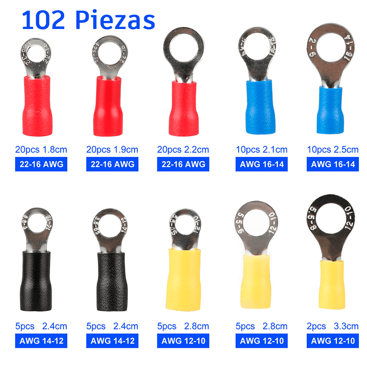 Kit 102 Piezas Terminales de Anillo ojillo crimpado para cable 22–10AWG - Tecneu