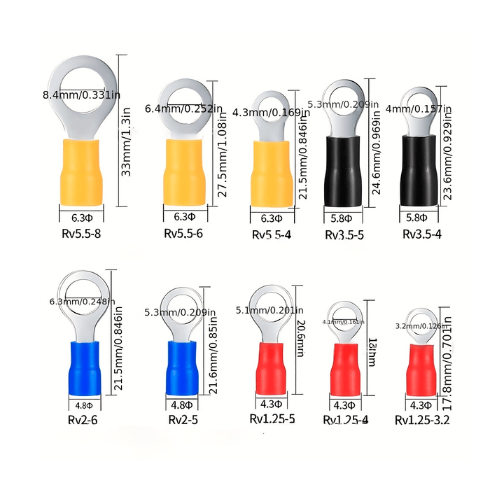Kit 102 Piezas Terminales de Anillo ojillo crimpado para cable 22–10AWG - Tecneu