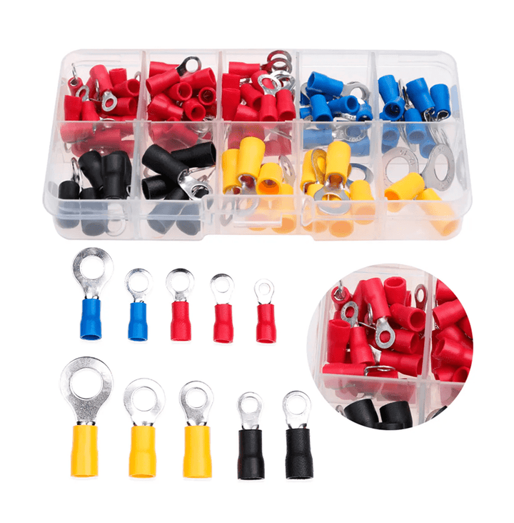 Kit 102 Piezas Terminales de Anillo ojillo crimpado para cable 22–10AWG - Tecneu