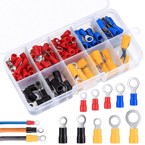 Kit 102 Piezas Terminales de Anillo ojillo crimpado para cable 22–10AWG