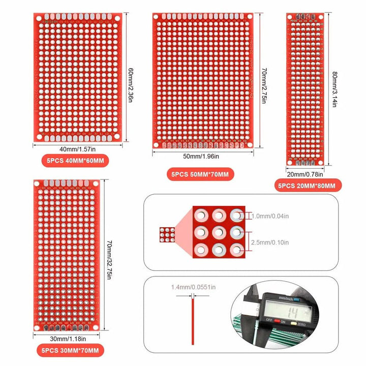 Kit 20 Placas Fenólicas Perforada 4 Tamaños Doble Cara PCB Rojo - Tecneu