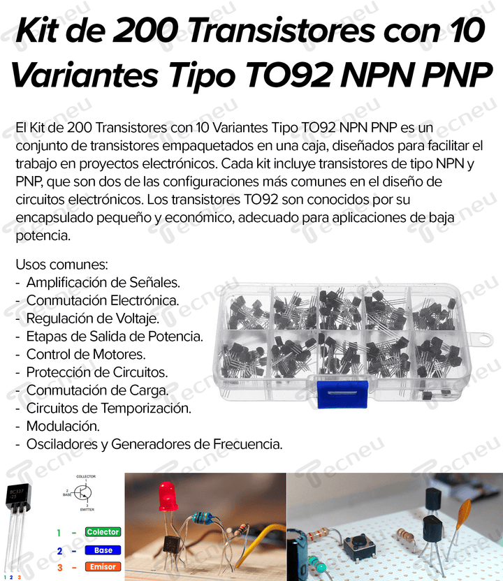 Kit 200 Transistores 10 Variantes Tipo To92 NPN PNP En Caja - Tecneu
