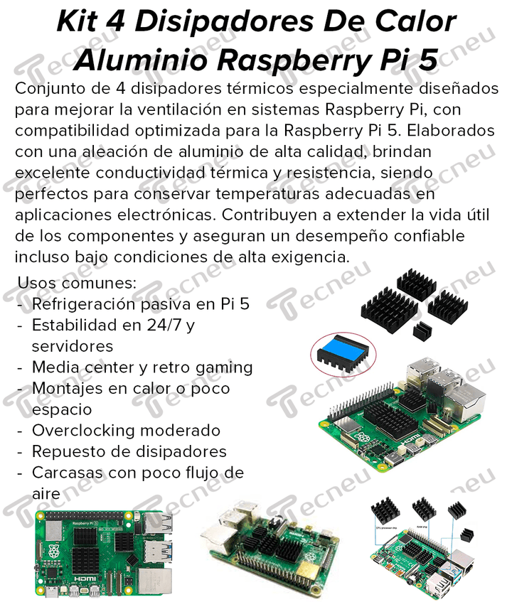 Kit 4 Disipadores De Calor Aluminio Raspberry Pi 5 - Tecneu