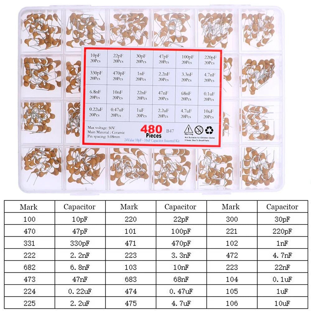Kit 480 Capacitores Cerámicos Monolitico 24 Valores 10pf-1uf