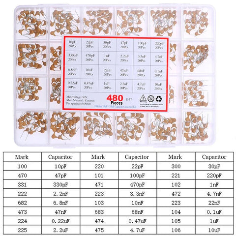 Kit 480 Capacitores Cerámicos Monolitico 24 Valores 10pf-1uf