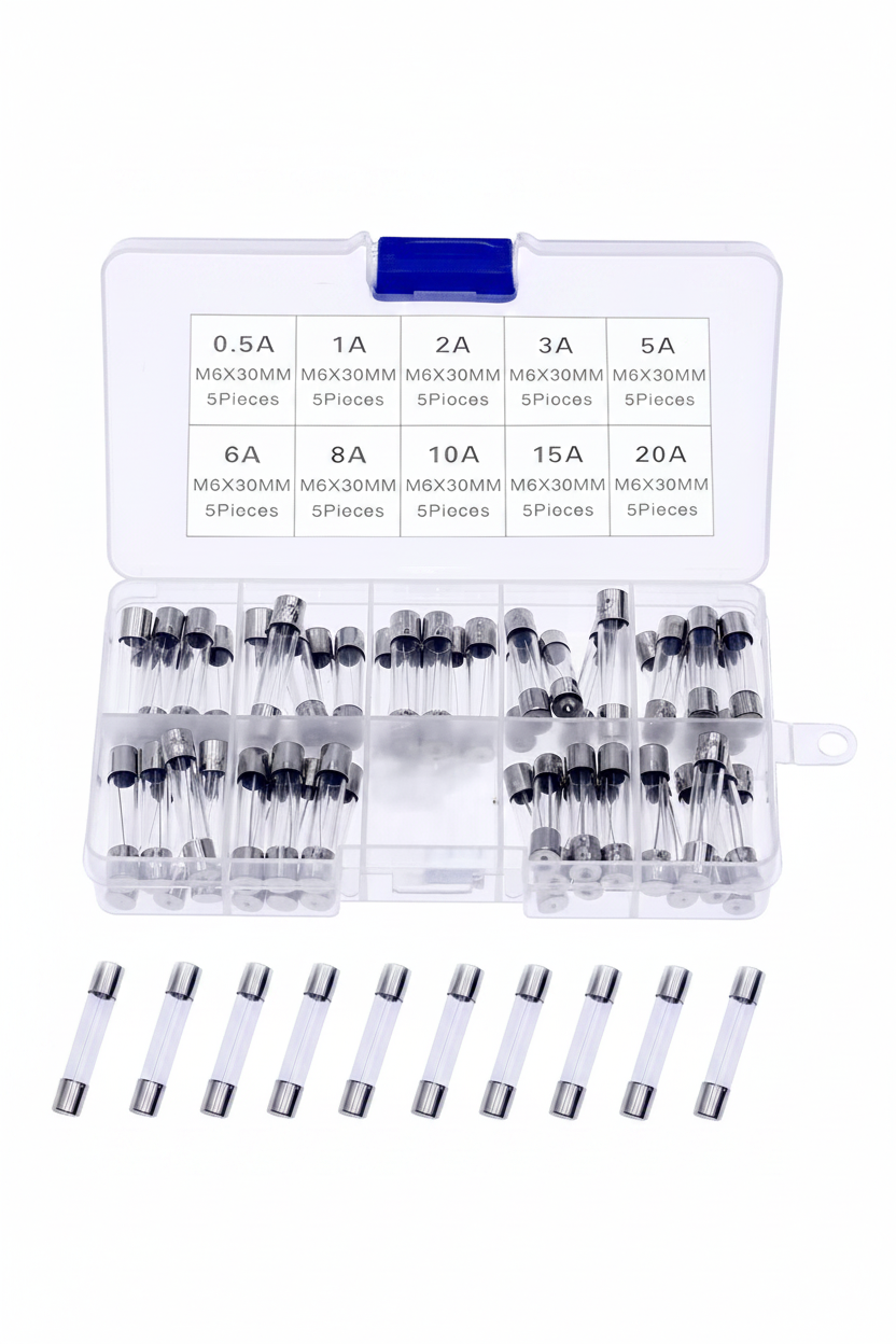 Kit 50 Fusibles Tipo Americanos 6x30 0.5A 1A 2A 3A 6A 8A 10A 15A 20A Con Caja