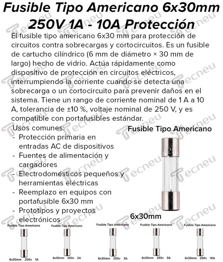Kit 50 Fusibles Tipo Americanos 6x30 0.5A 1A 2A 3A 6A 8A 10A 15A 20A Con Caja - Tecneu