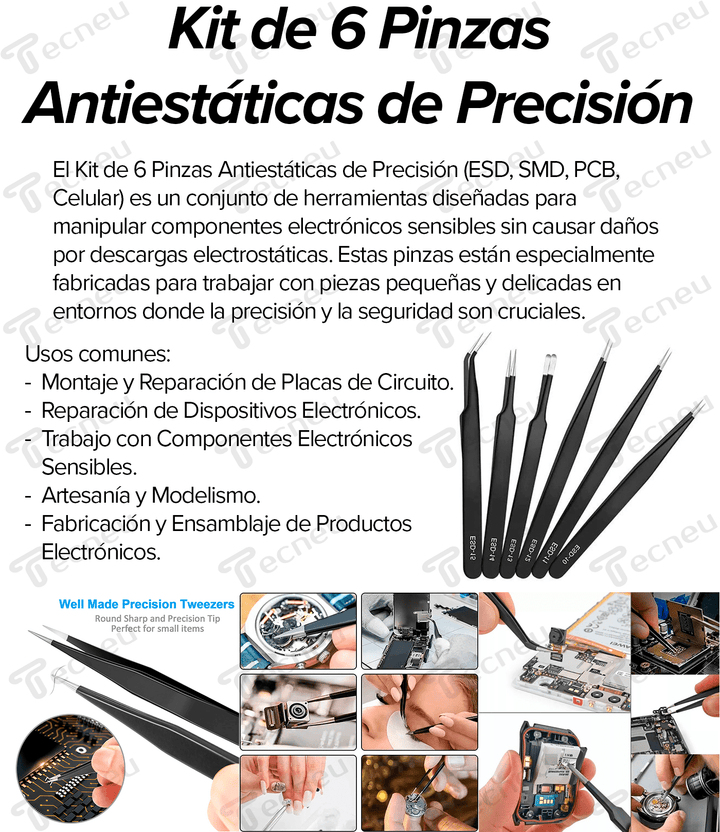 Kit 6 Pinzas Antiestaticas Precision Esd, Smd, Pcb, Celular - Tecneu
