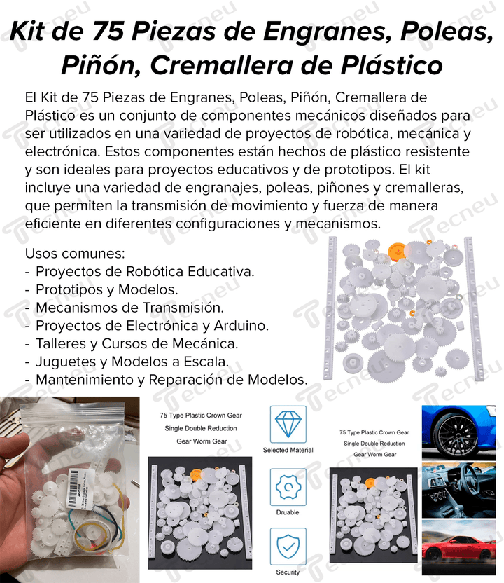 Kit 75 Piezas De Engranes, Poleas, Piñon, Cremallera De Plastico - Tecneu