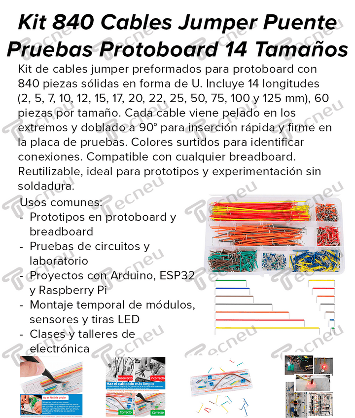 Kit 840 Cables Jumper Puente Pruebas Protoboard 14 Tamaños - Tecneu