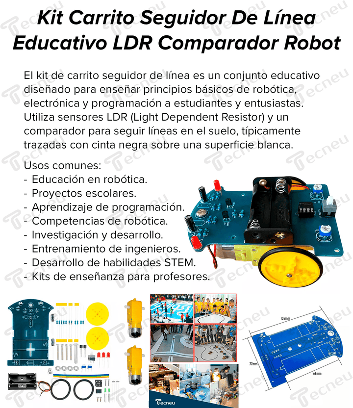 Kit Carrito Seguidor De Línea Educativo LDR Comparador Robot - Tecneu