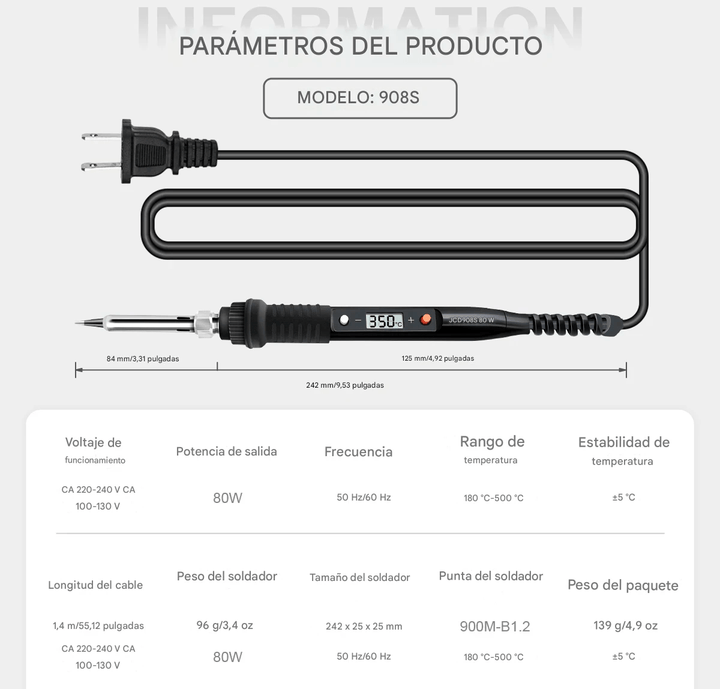 Kit Cautín JCD908S 80W LCD Digital Regulable 6 puntas y herramientas - Tecneu