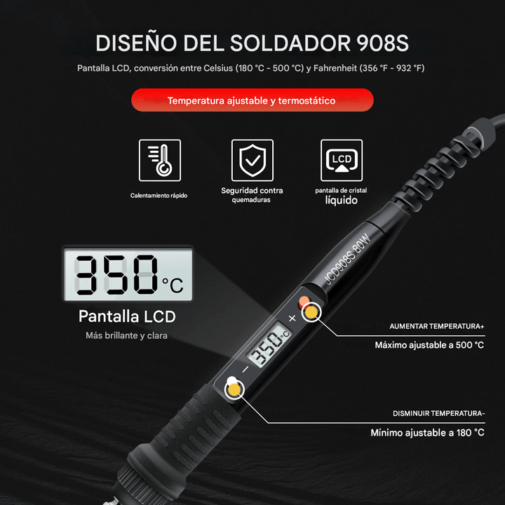 Kit Cautín JCD908S 80W LCD Digital Regulable 6 puntas y herramientas - Tecneu
