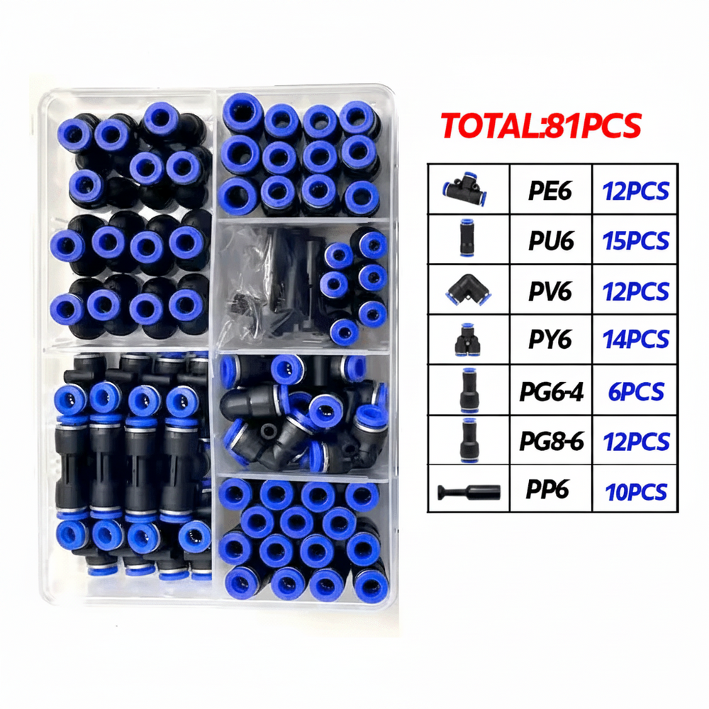 Kit conectores neumáticos rápidos 81 piezas para manguera de 6mm