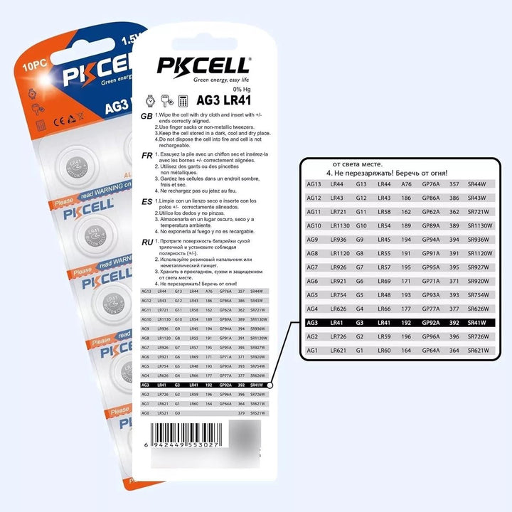 Kit De 10 Pilas de botón alcalinas LR41 AG3 para lápiz láser, termómetro, Juguete - Tecneu