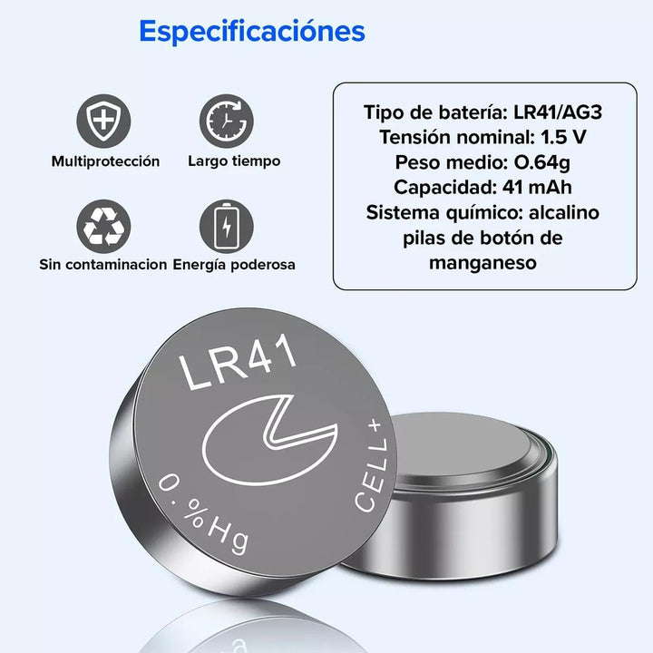 Kit De 10 Pilas de botón alcalinas LR41 AG3 para lápiz láser, termómetro, Juguete - Tecneu