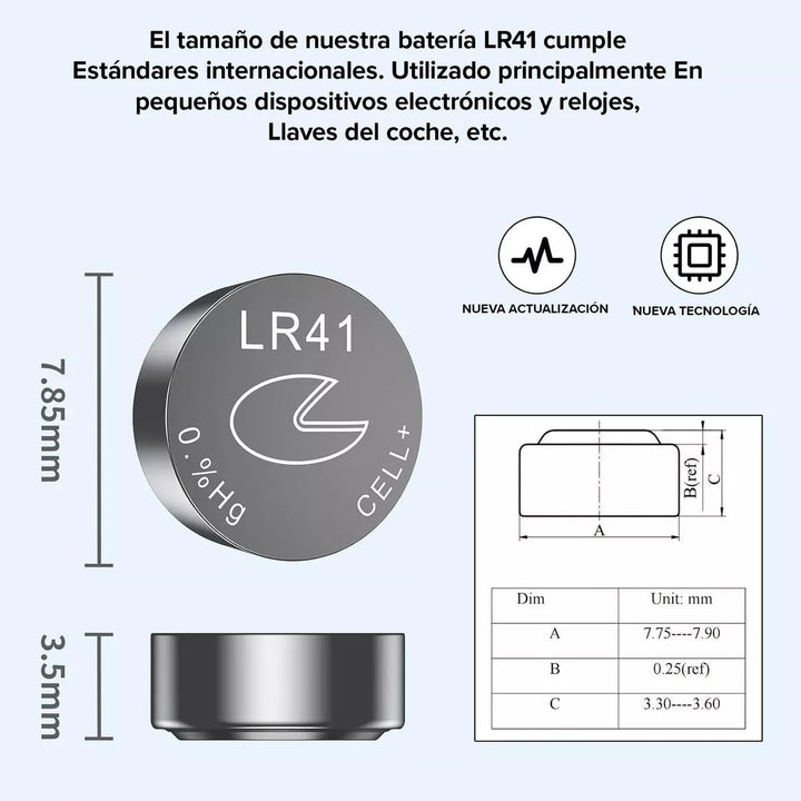 Kit De 10 Pilas de botón alcalinas LR41 AG3 para lápiz láser, termómetro, Juguete - Tecneu