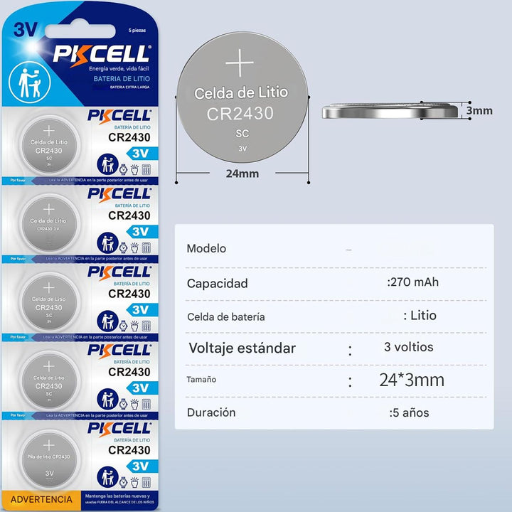 Kit De 5 Pilas de Botón Litio Pkcell CR2430 3V 24.5x3mm DL2430, ECR2430, BR2430 - Tecneu