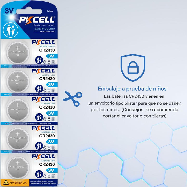 Kit De 5 Pilas de Botón Litio Pkcell CR2430 3V 24.5x3mm DL2430, ECR2430, BR2430 - Tecneu