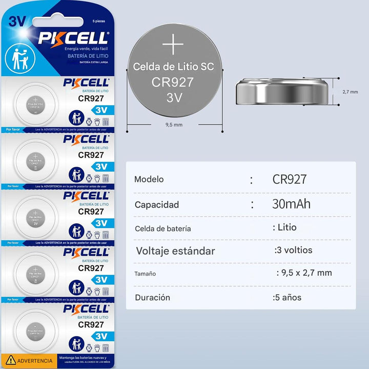 Kit De 5 Pilas de Botón Litio Pkcell CR927 3V 9.5x2.7 mm DL927, ECR927, BR927 - Tecneu