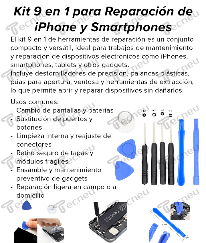 Kit de Herramientas 9 en 1 para Reparación de iPhone y Smartphones - Tecneu