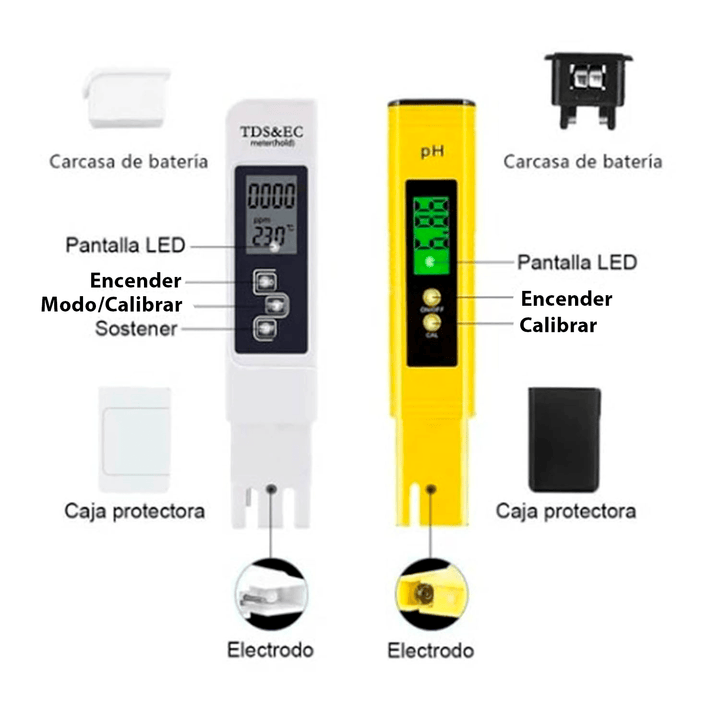 Kit digital Medidor de pH + Polvo de calibración + Medidor de TDS y CE + Papel indicador de pH - Tecneu