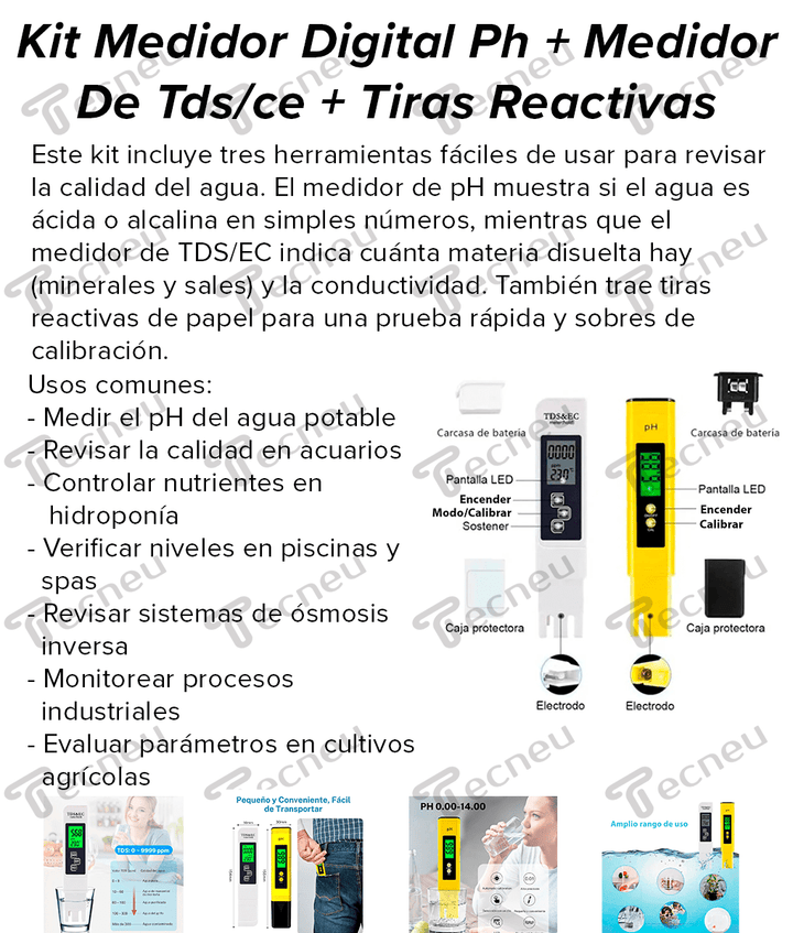Kit digital Medidor de pH + Polvo de calibración + Medidor de TDS y CE + Papel indicador de pH - Tecneu