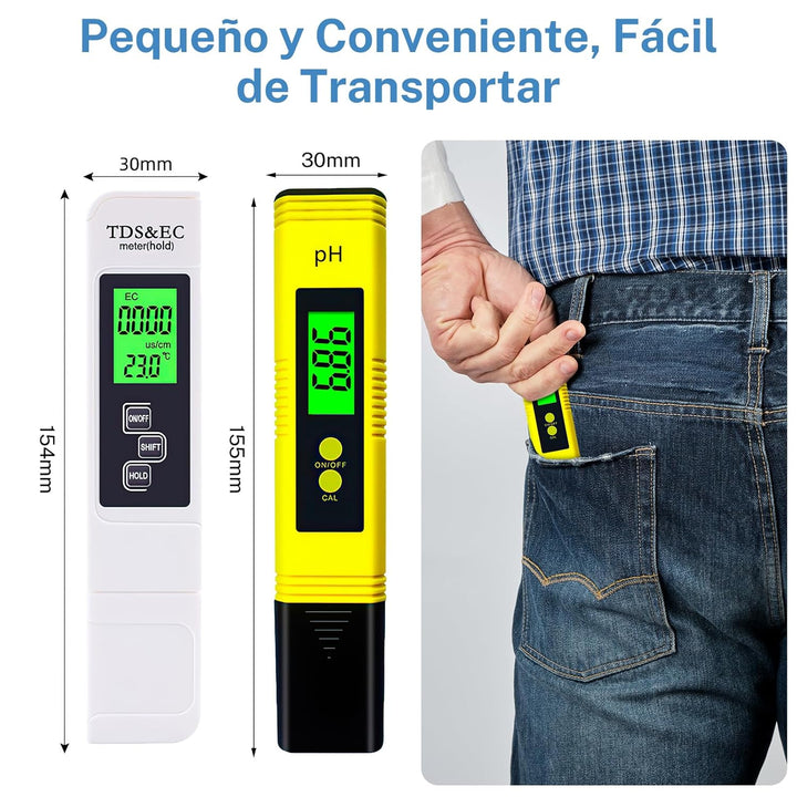 Kit digital Medidor de pH + Polvo de calibración + Medidor de TDS y CE + Papel indicador de pH - Tecneu
