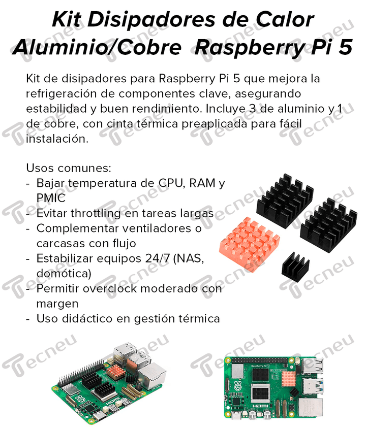 Kit Disipadores de Calor Aluminio/Cobre para Raspberry Pi 5 - Tecneu