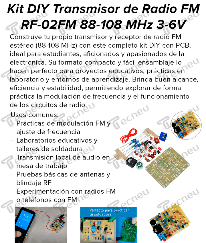 Kit DIY Transmisor de Radio FM RF - 02FM 88 - 108 MHz 3 - 6V - Tecneu