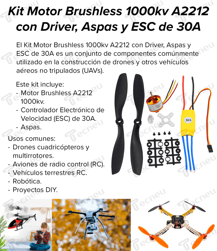 Kit Motor Brushless 1000kv A2212 Driver Aspas Drone Esc30a - Tecneu