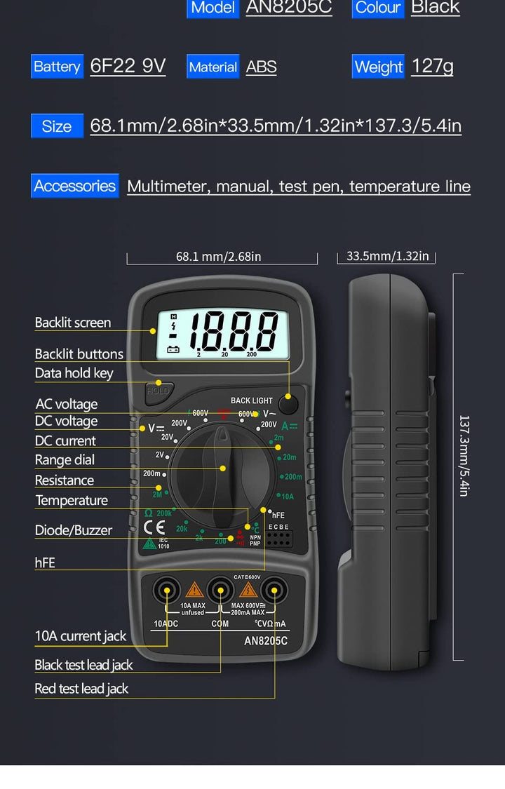 Kit Multímetro Digital An8205c Voltímetro Ac/dc Con Probadores Y Termopar - Tecneu