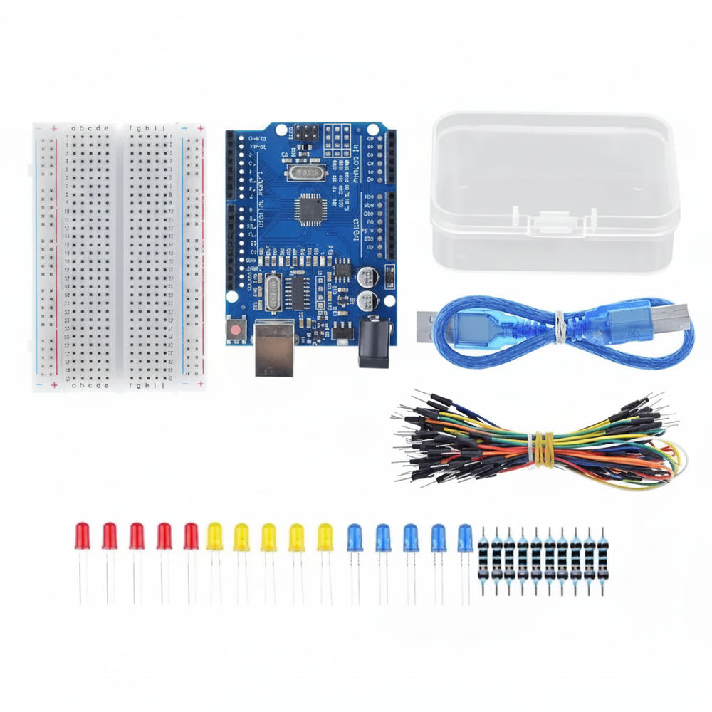 Kit Tarjeta de desarrollo Uno Con Proto 400 Pts, Jumpers, Resistencias, Leds Y Más!