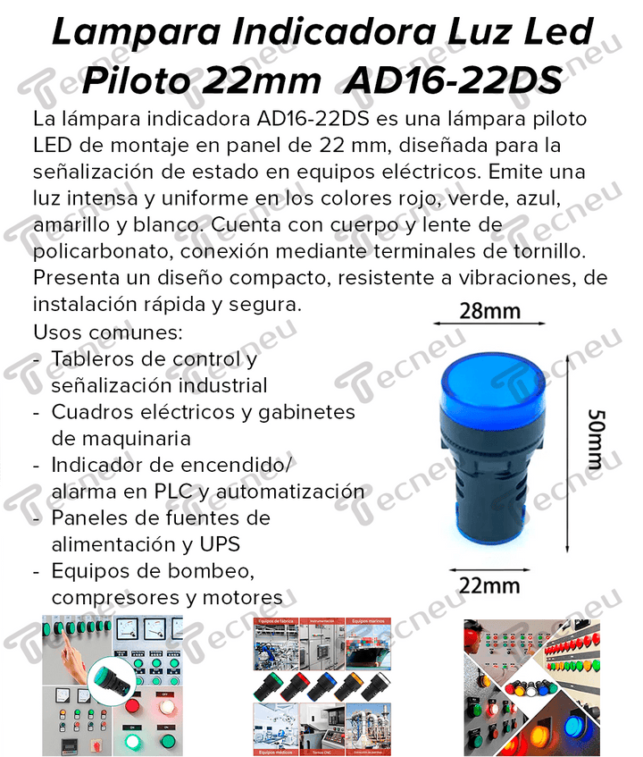 Lampara Indicadora Luz Led Piloto 22mm 110V AD16 - 22DS - Tecneu