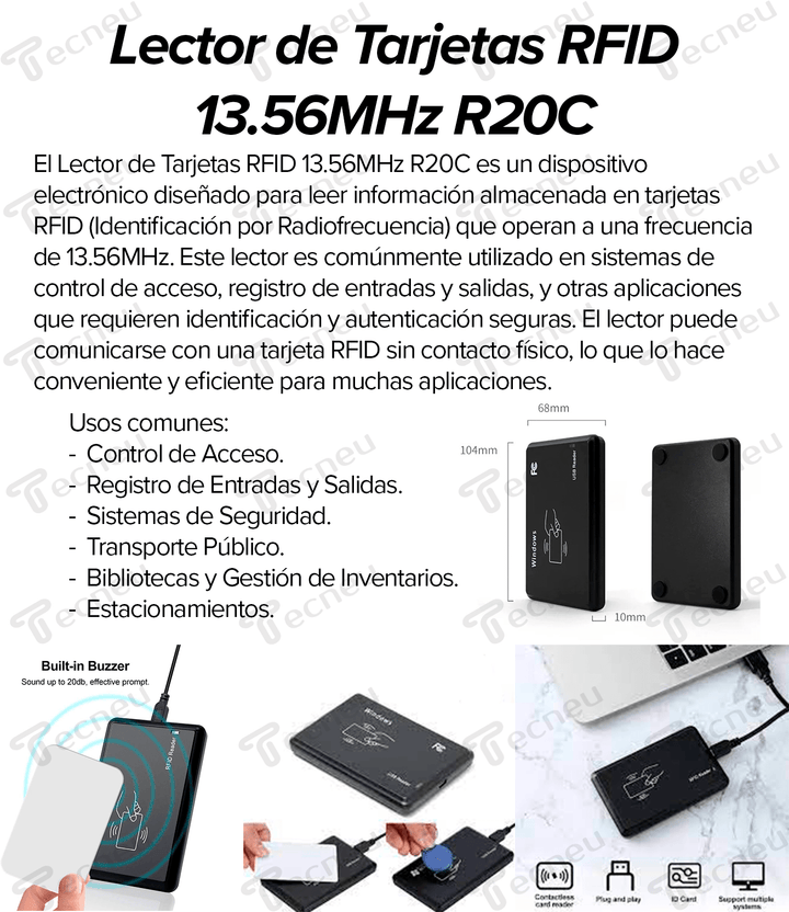 Lector de Tarjetas RFID 13.56MHZ Registro Entradas y Salidas R20C - Tecneu