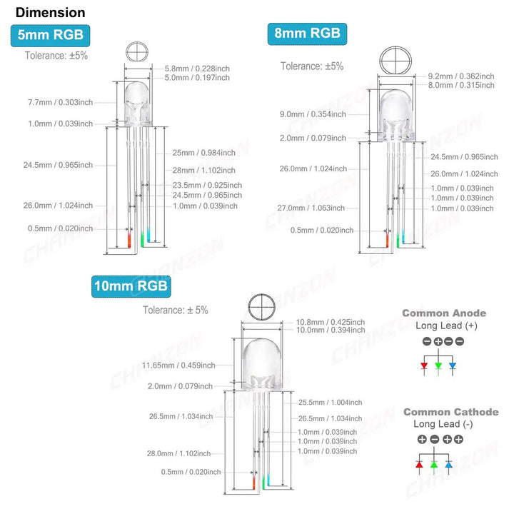 Medida Led Rgba Led Rgb 5mm / 8mm Anodo / Catodo Comun Ultrabrillante - Tecneu