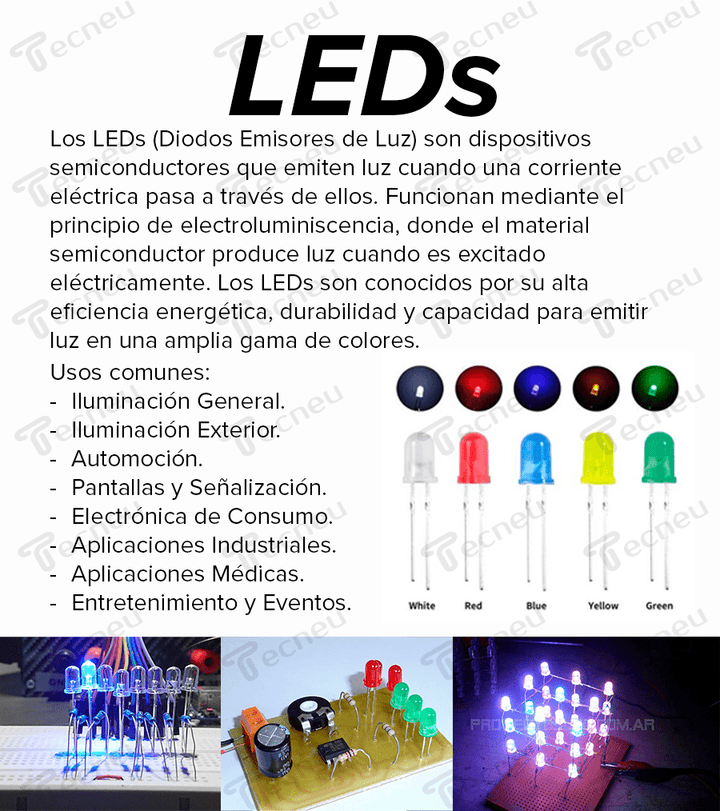 Led Ultrabrillante 5mm Rojo, Amarillo, Azul, Verde, Blanco - Tecneu