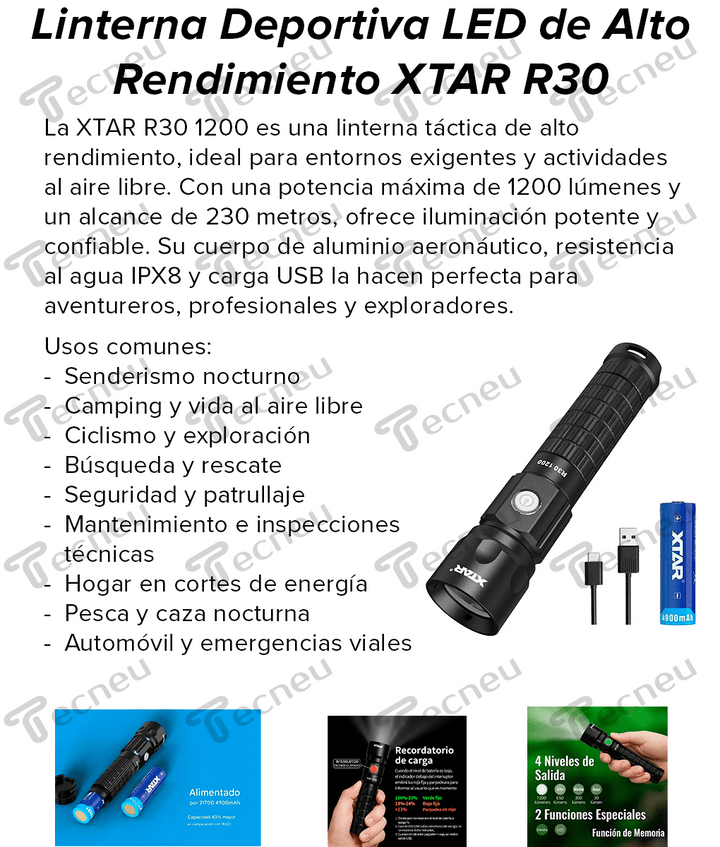 Linterna Deportiva LED de Alto Rendimiento XTAR R30 1200 Lúmenes - Tecneu