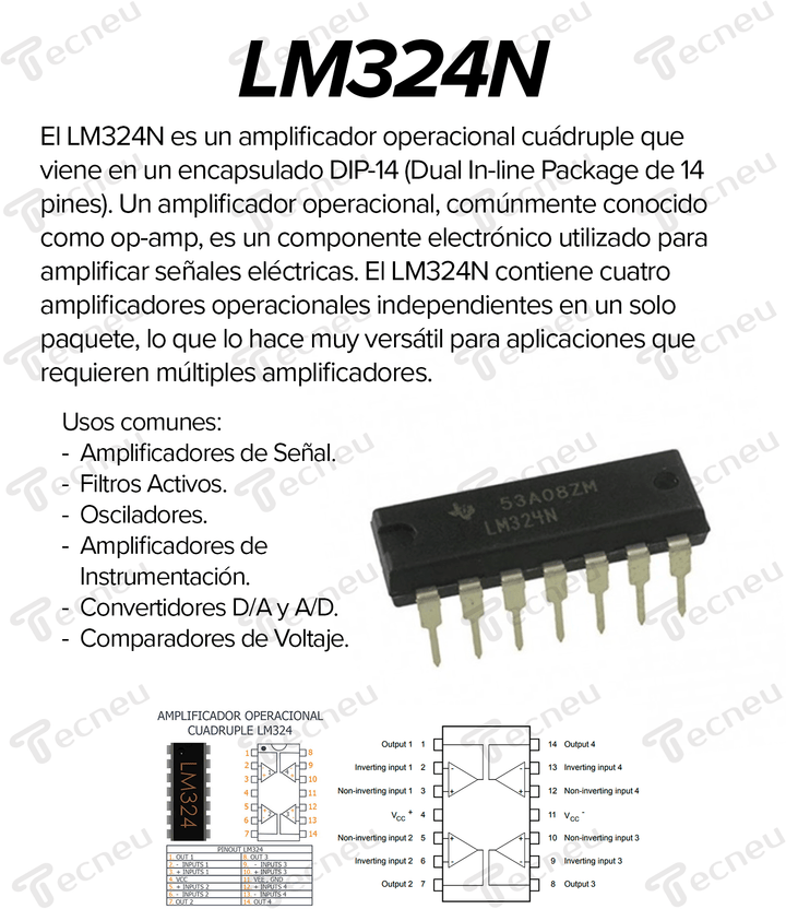 LM324N Amplificador Operacional Cuádruple DIP - 14 - Tecneu