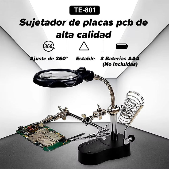 Lupa Con Luz Pinzas Base De Cautín Para Reparar Electronicos - Tecneu
