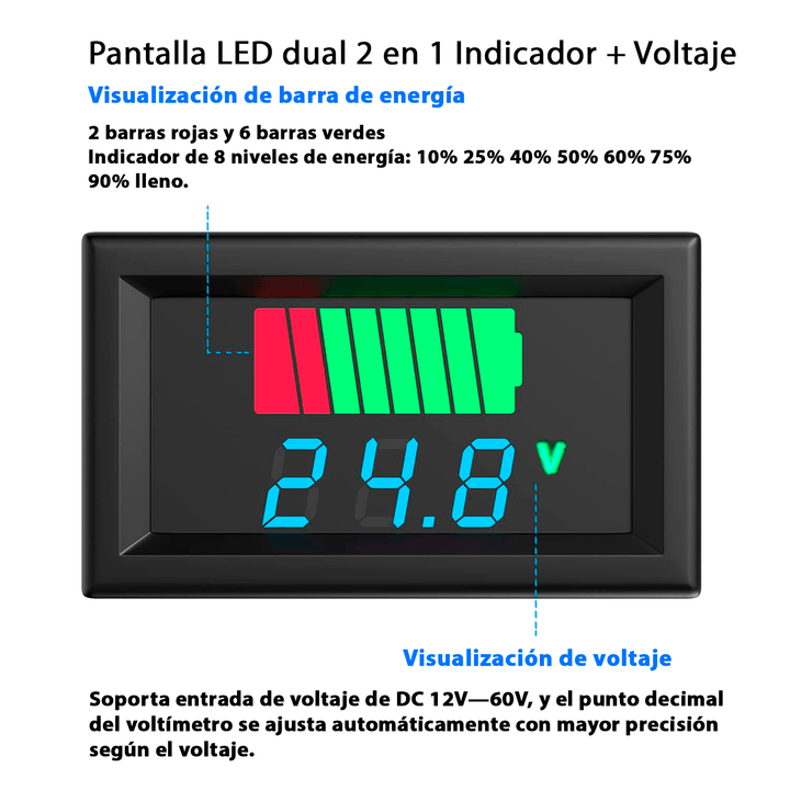 Medidor De Carga Y Voltímetro Digital Para Baterías 12 - 60VDC - Tecneu