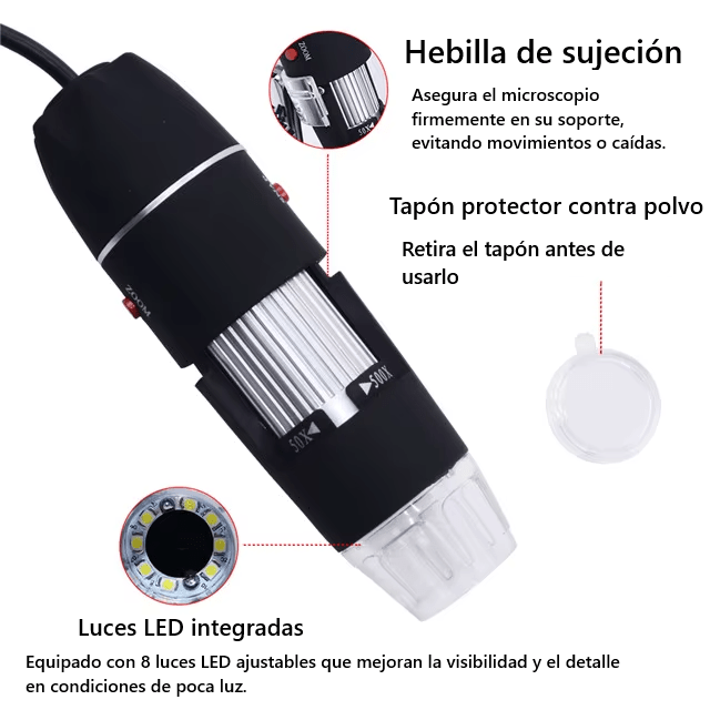 Microscopio Digital USB 1600X con Iluminación LED y Enfoque Ajustable - Tecneu