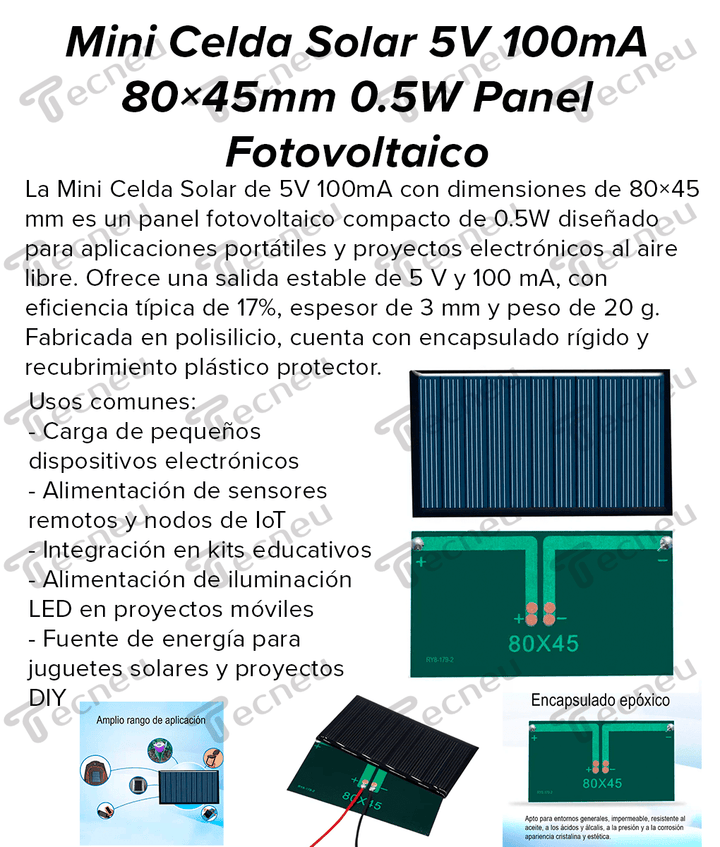 Mini Celda Solar 5V 100mA 80×45mm 0.5W Panel Fotovoltaico - Tecneu