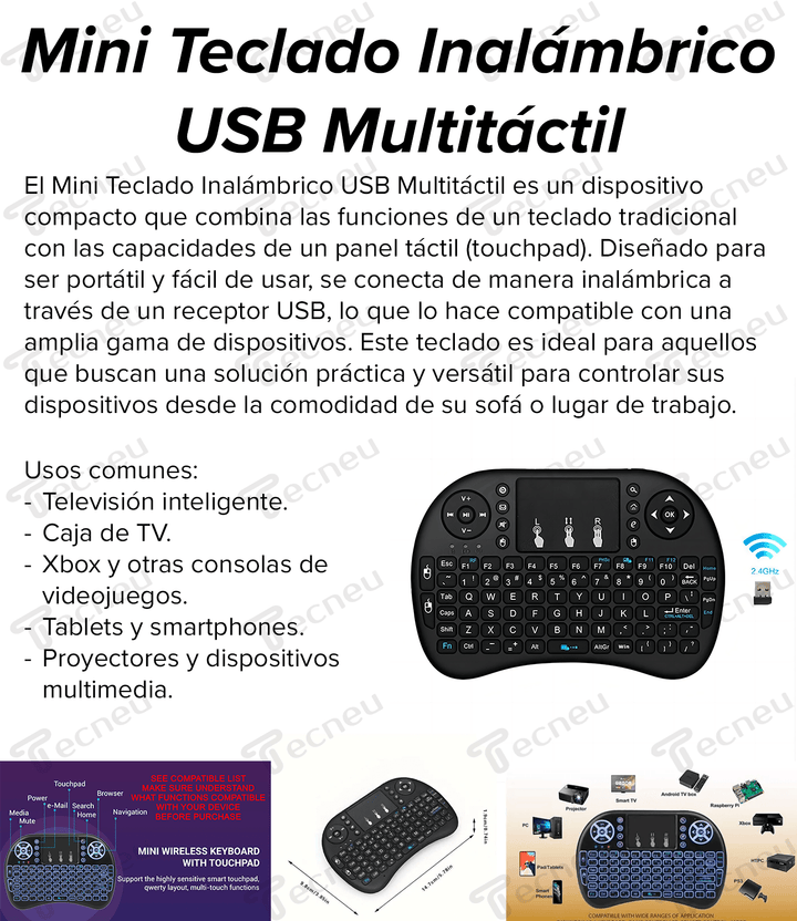 Mini Teclado Inalámbrico USB Multitáctil SmartTv Box Xbox Pc - Tecneu