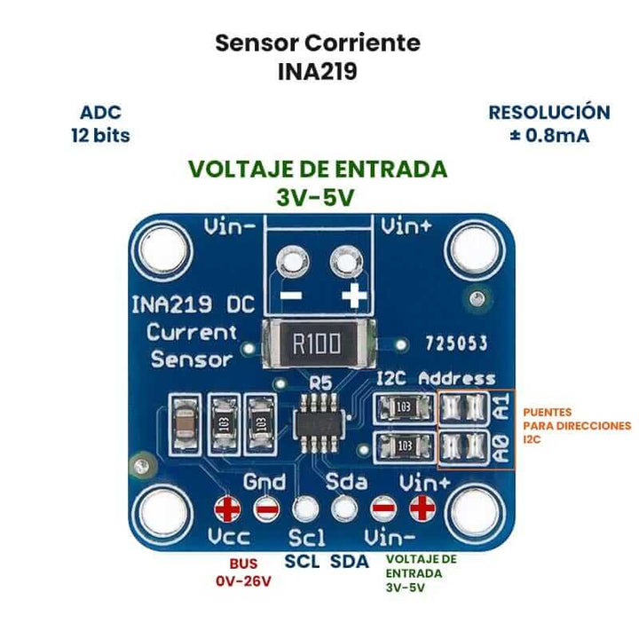 Módulo INA219 sensor de corriente bidireccional 3 - 5V 12 bits - Tecneu