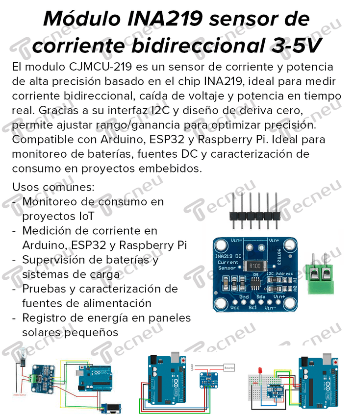 Módulo INA219 sensor de corriente bidireccional 3 - 5V 12 bits - Tecneu