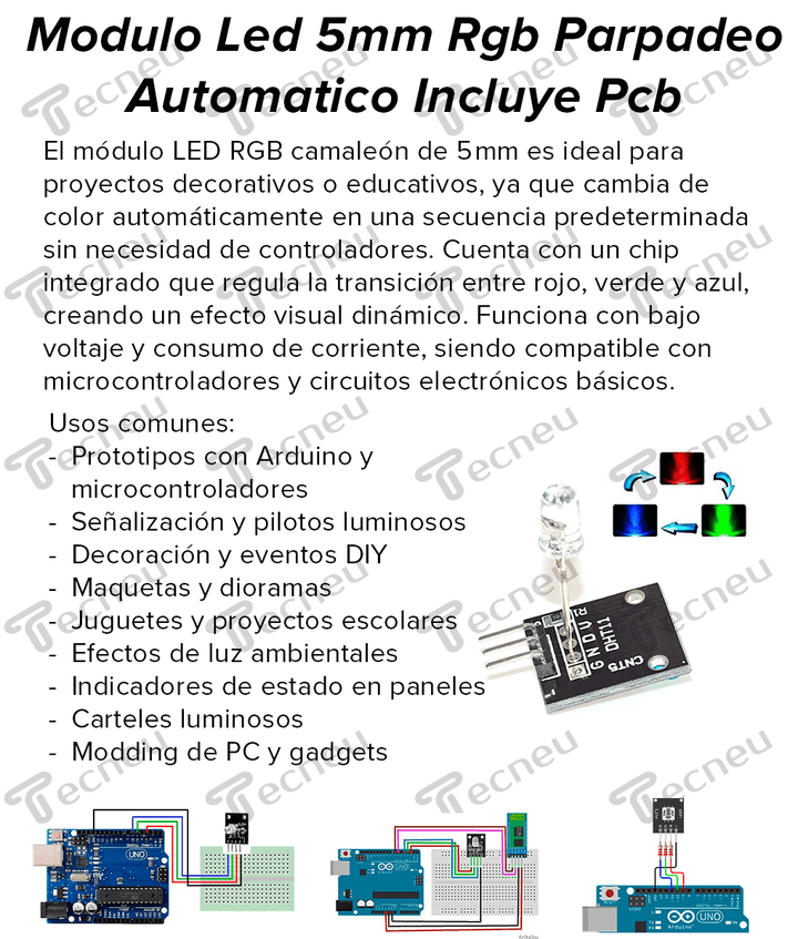 Modulo LED RGB 5mm Parpadeo Automático Incluye Placa PCB - Tecneu