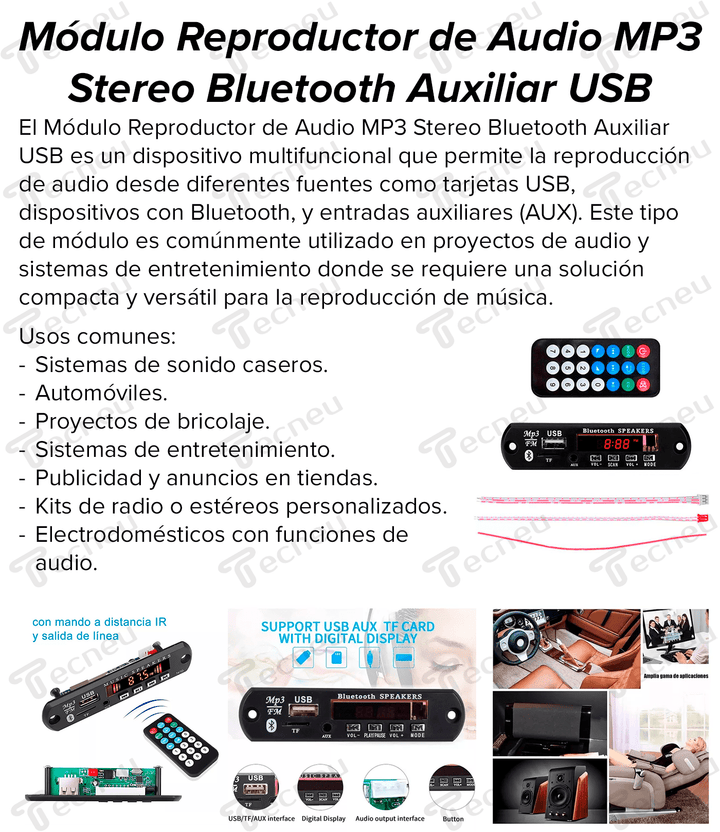 Modulo Reproductor Audio Mp3 Stereo Bluetooth Auxiliar Usb - Tecneu