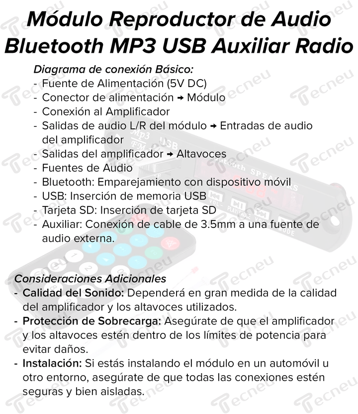 Modulo Reproductor Audio Mp3 Stereo Bluetooth Auxiliar Usb - Tecneu
